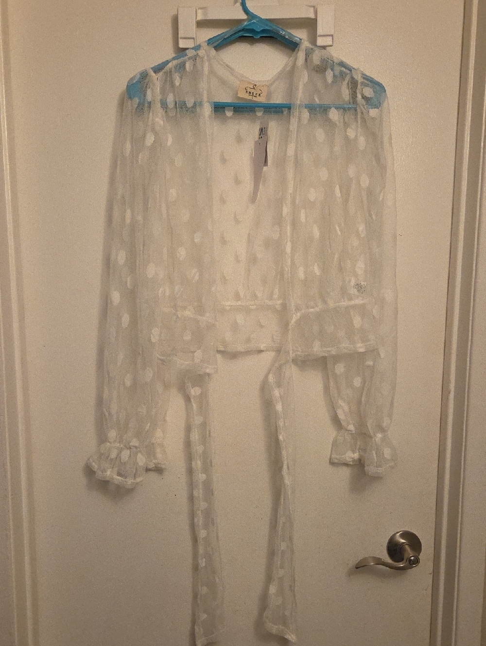 Sheer White Polka Dot Tie-Waist Robe with Ruffle Cuffs
